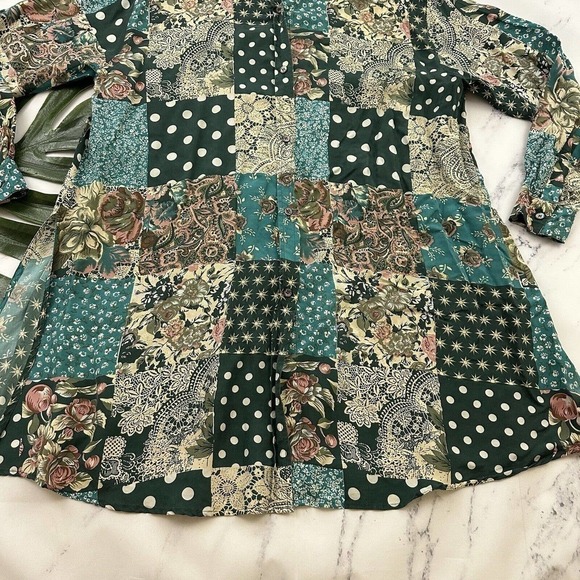 Via Max Womens Vintage 90s Silk Oversize Shirt Size S Green Tan Mixed Floral - Picture 5 of 12